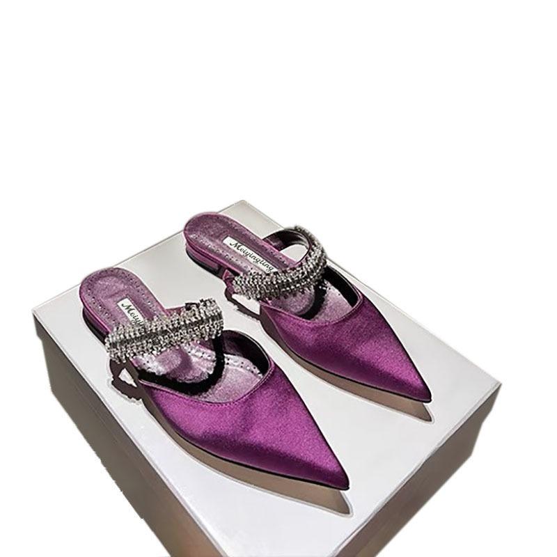 Fashion Women's High Heels Temperament Baotou Silk Rhinestones Muller Slippers Pointed Stiletto Pumps