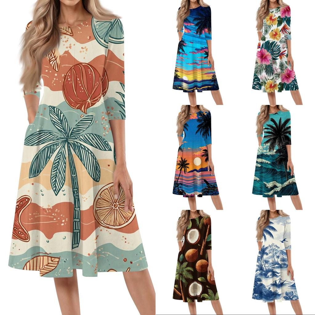 Summer Casual Mid-Length Hawaiian Print Round Neck Dresses for Women Relaxed Fit Dresses for Women Vacation Style Dresses for Women