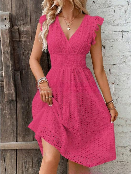 Elegant Plus Size V-Neck Hollow-Out Dress with Lotus Leaf Sleeves