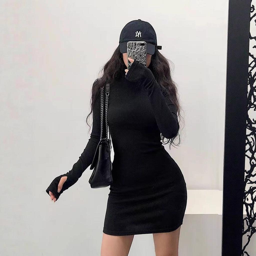 European and American style red turtleneck sexy tight and thin long-sleeved hip-wrapped dress autumn and winter base with short skirt