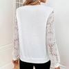 Stylowa koronkowa wydrążona koszula z łatkami damska z dekoltem w serek i długim rękawem, wiosenno-jesienna, jednokolorowa bluzka