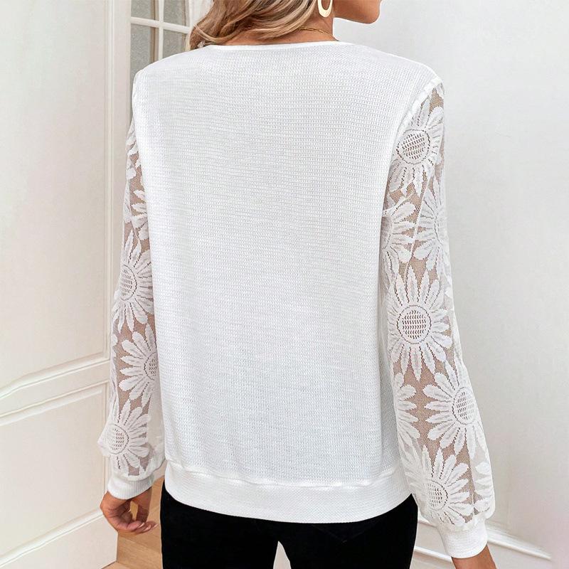 Stylowa koronkowa wydrążona koszula z łatkami damska z dekoltem w serek i długim rękawem, wiosenno-jesienna, jednokolorowa bluzka