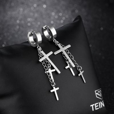 Titanium Steel Three Cross-shaped Earrings with Ear Hooks, Chain and Tassel Accessories, Ear Jewelry Pieces