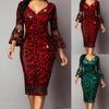 V-neck Net Yarn Stitching Midi Dress Waist Tight Fashionable Print 3/4 Flare Sleeve Lady Dress for Daily Wear