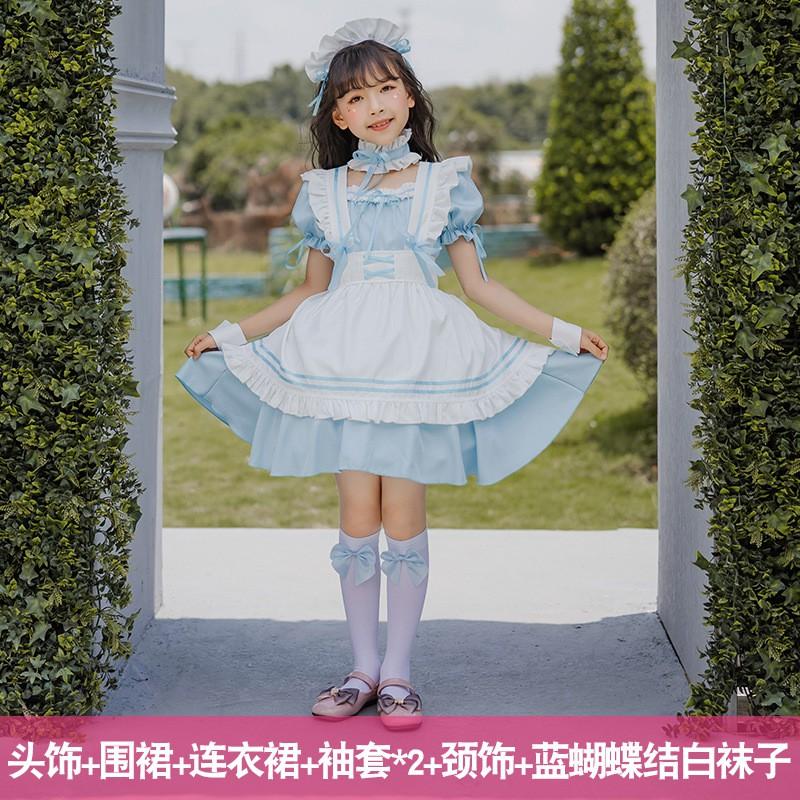Kids Girl Black Maid Costume Dress Set Lolita Style Princess Outfit Dance Performance Party