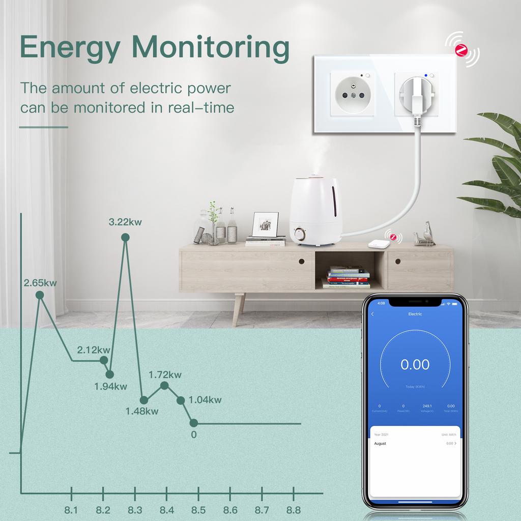 BSEED French Zigbee Socket Wall Smart Sockets Power Monitor Function Tuya Smart Life Google Alexa Voice Control Glass Panel 16A
