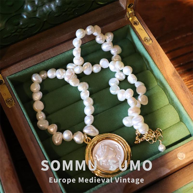 18K Electroplated Real Gold Diamond Hercules Ancient Coin Necklace, Portrait Antique Pendant Inlaid with Baroque Pearl Earrings