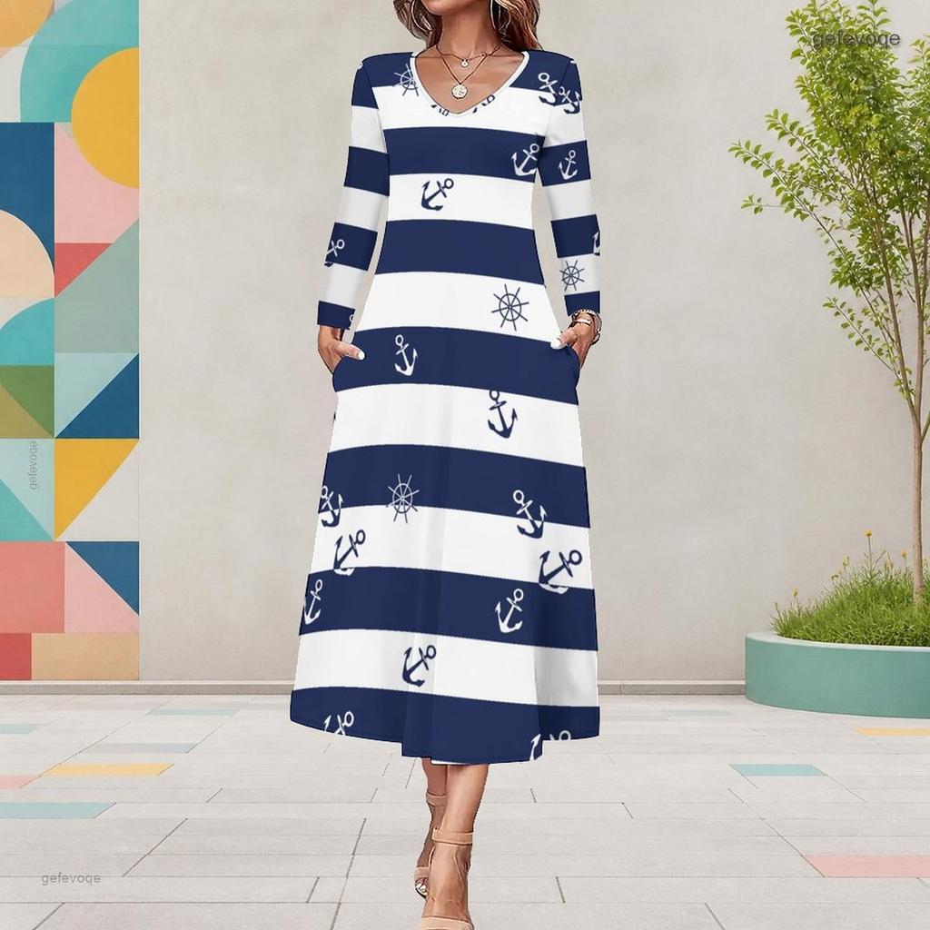Women Plus Size V Neck Long Sleeve Black White Printed A Line Midi Dress With Pockets