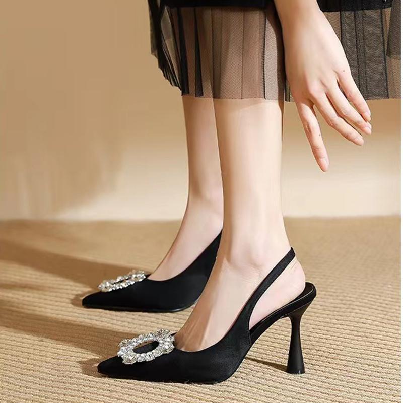 Black Pointed High-heeled Single Shoes Rhinestone Bag Head Sandals Women's Summer 2025 New Stiletto with Skirt Women's Sandals