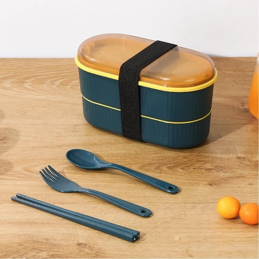 Portable Double Layer Lunch Box with Fork and Spoon Microwave Food Storage Boxes Leakproof High Capacity Dinnerware Set