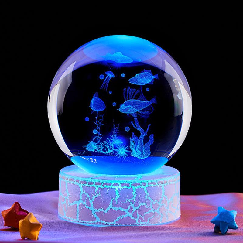 3D Laser Engraved Crystal Ball Night Light - Underwater World Design, Perfect for Classmates & Best Friends' Birthdays