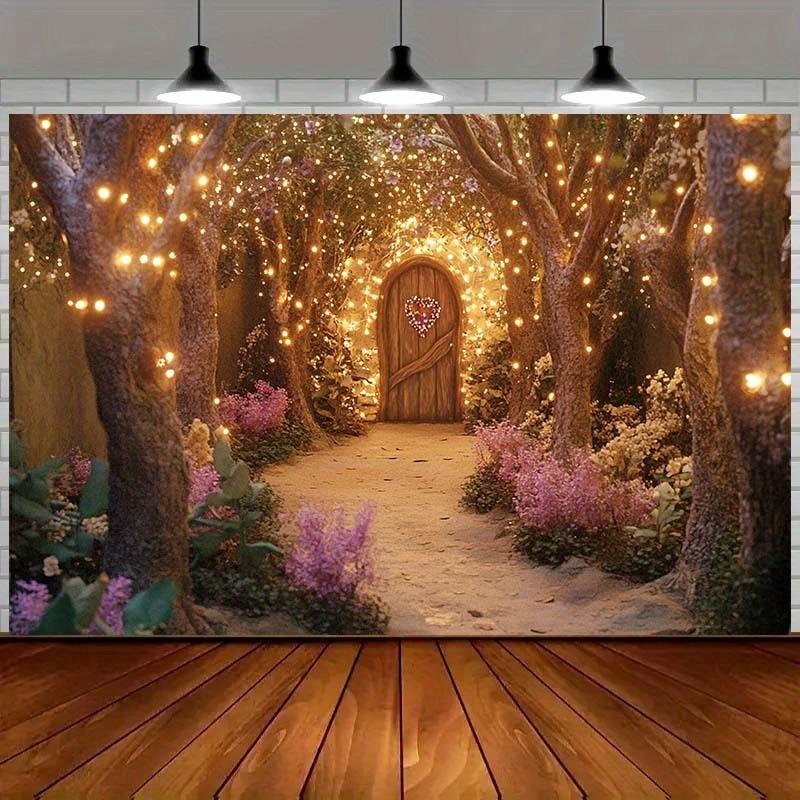 1pc Magic Garden Background Fabric, Featuring Wooden Doors, Vivid Flowers and Tree-shaped Arches - Polyester Material