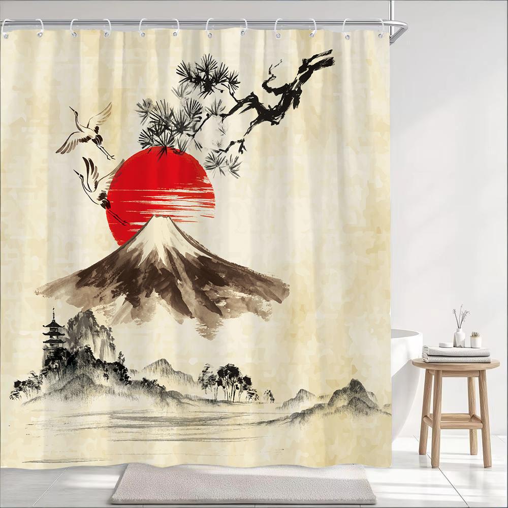 Japanese Wave Mount Fuji Plum Blossom Flower Printied Shower Curtain Waterproof Polyester Fabric Bathroom Curtains with 12 hooks