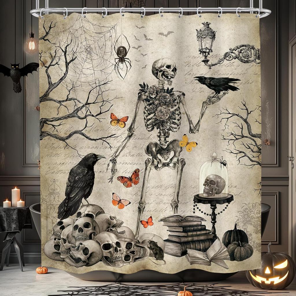 Gothic Skull Shower Curtain Bathroom Set Halloween Death Head Moth Pink Flower Leaves Spider Scary Witchy Bath Accessories