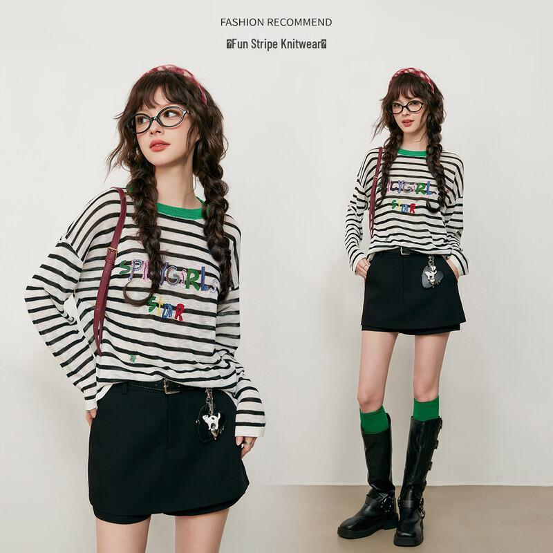 

Женский вязаный топ с длинным рукавом в полоску и вышивкой букв L