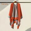 Women Warm Shawl Wrap Fall Winter Double-Sided Open Front Cape with Color Contrast Multiple Ways to Wear Poncho Sweater