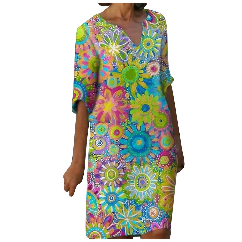 Women's Casual Fashion V-neck Personality Print Loose Mid-sleeve Dress
