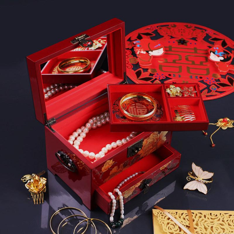 Elegant Large Capacity Jewelry Box Vintage Makeup Case Chinese Wedding Gift Hand Painted Lacquer