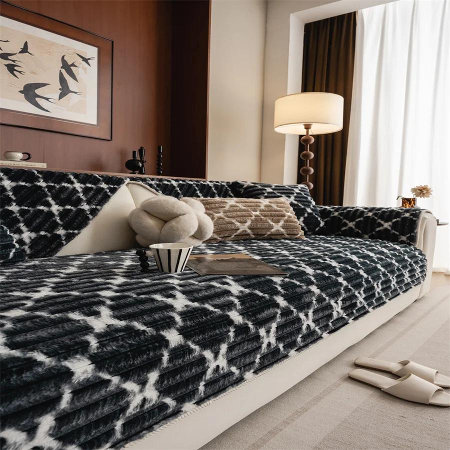 Французский вход Роскошный кролик плюшевая подушка для дивана Зимний утолщенный теплый кремовый стиль Нескользящая кожаная подушка для дивана Зимний чехол 45x45cm pillowcase 5359₽