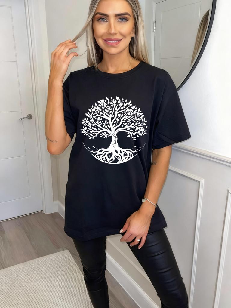 Black Oversized T Shirt Tree Of Life Print Casual Wear For Women Summer Fashion Streetwear Boho Style Graphic Tee Top