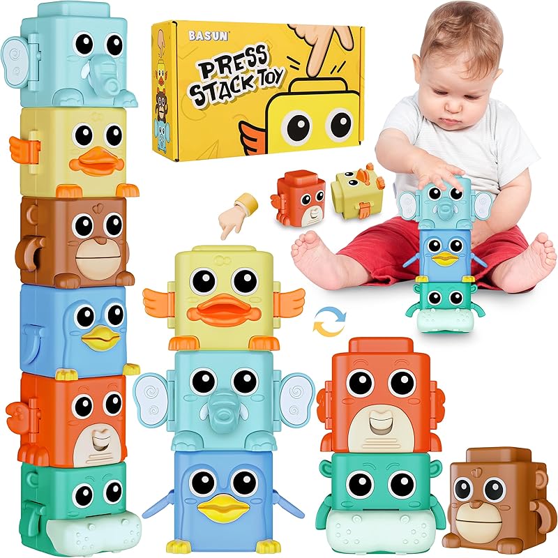 Stacking Toys Set for Toddlers 18+ Months, 6 in 1 Infant Sensory Toys with Changing Expressions, Pressable Animal Stacking Blocks, Christmas Birthday Press Stacking Toys