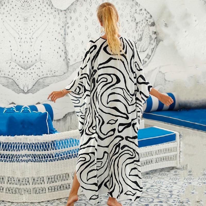 EDOLYNSA Sexy Zebra Striped Bikini Cover-ups Casual V-neck Side Split Summer Beach Dress Women Beach Wear Swim Suit Cover Up Q1297