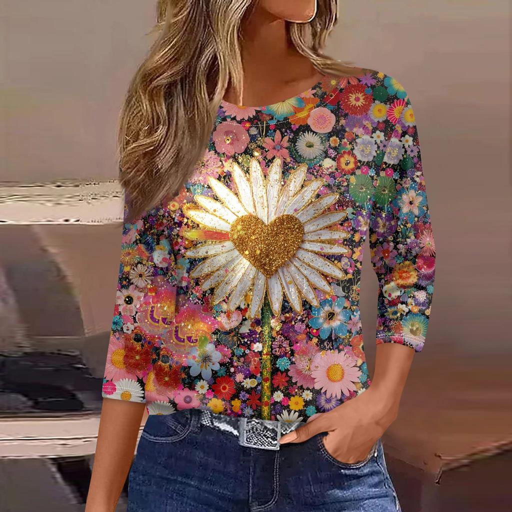Women's Fashionable Casual Three Quarter Sleeve Printed Round Neck Top