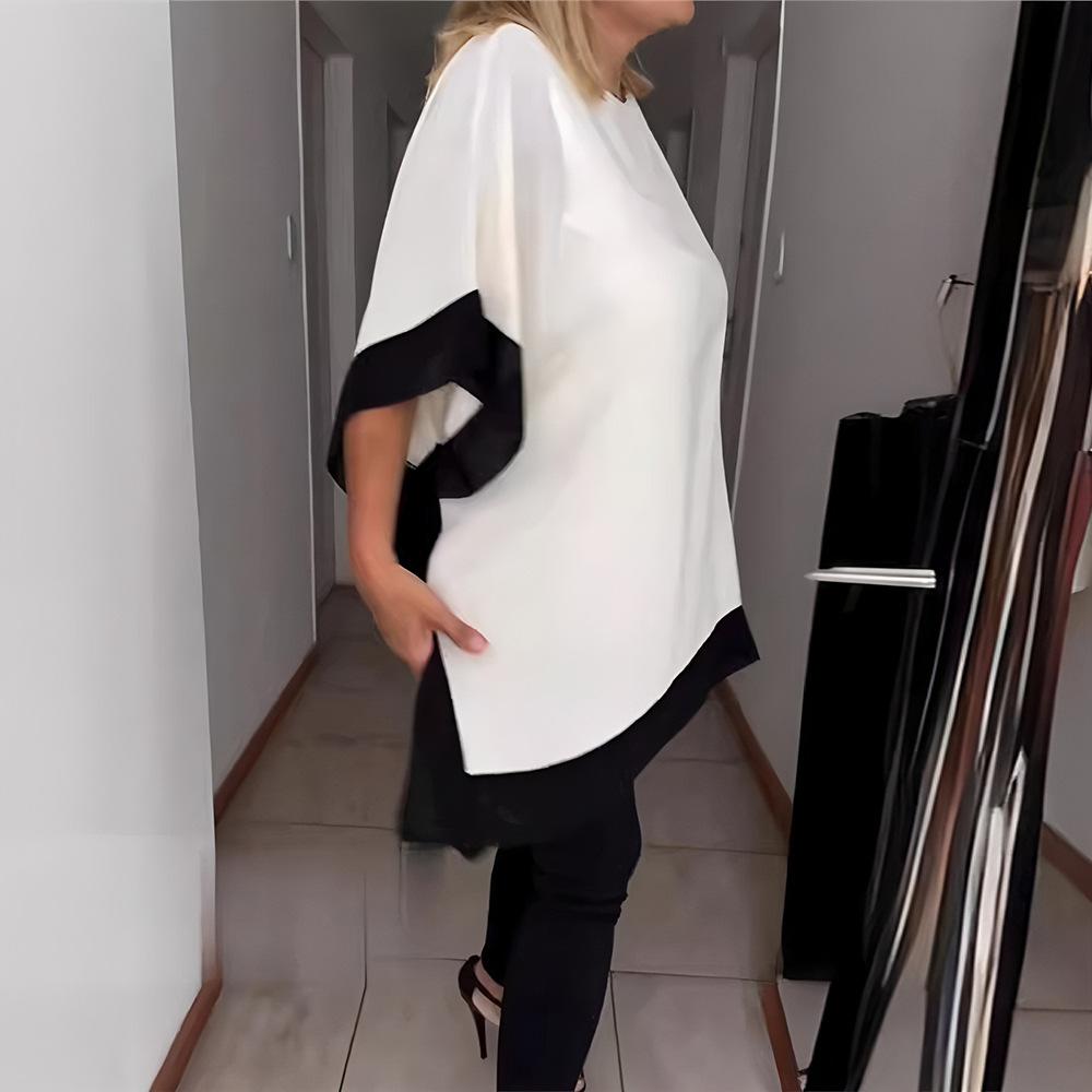 2025 spring and summer cross-border TK independent station round neck loose bat sleeve fashion splicing top T-shirt women s mercerizing process S