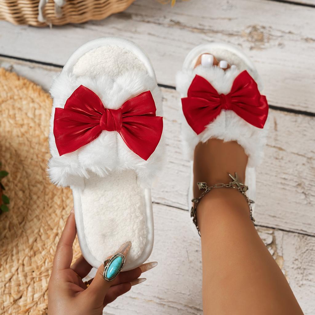 Bows Open Furry Slippers Women's Autumn and Winter Warm Slippers Fashion Slippers Indoor Living Room Slippers