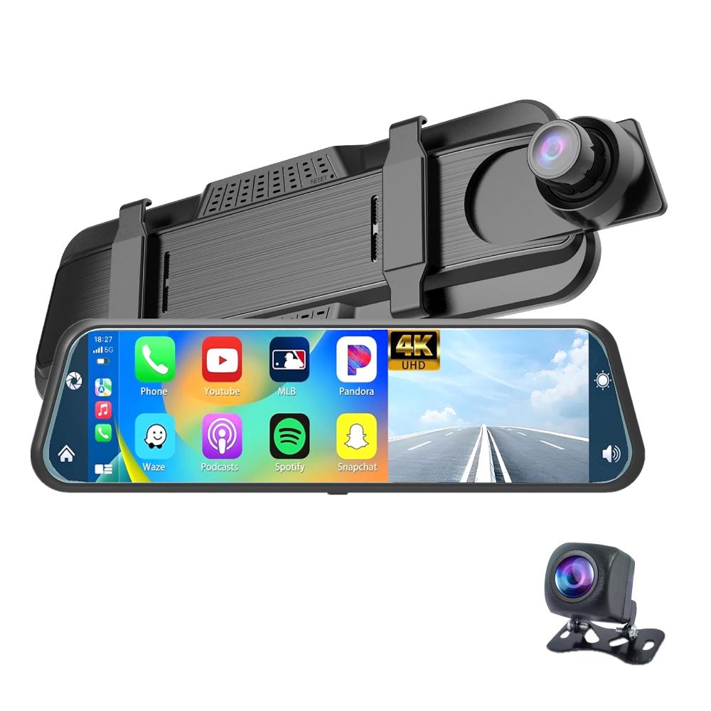 9,66-дюймовое 4K зеркало заднего вида для автомобиля с двумя камерами, Carplay и Android Auto, беспроводной видеорегистратор, Wi-Fi подключение