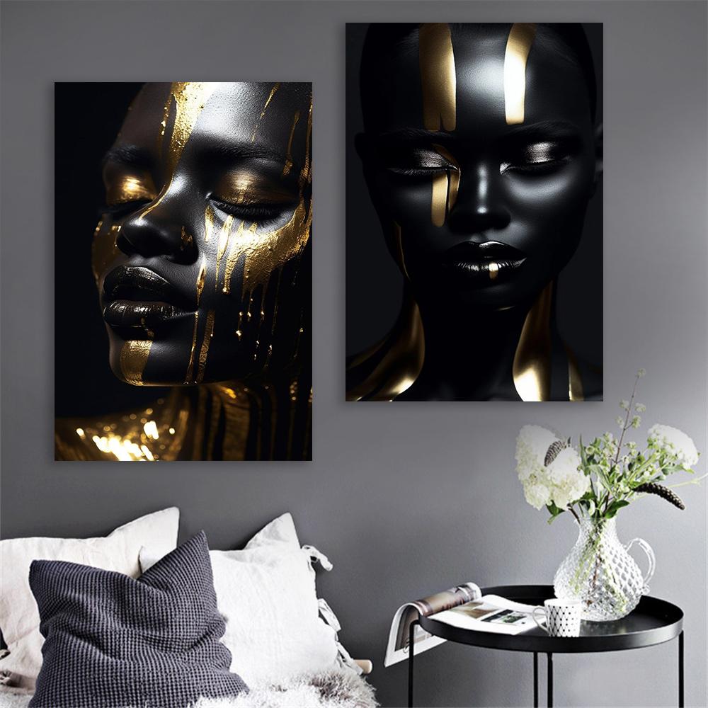 Black Girl Gold Makeup Wall Art Poster Modern Portrait Canvas Painting Elegant Black and Gold Face Art Prints Bedroom Decor
