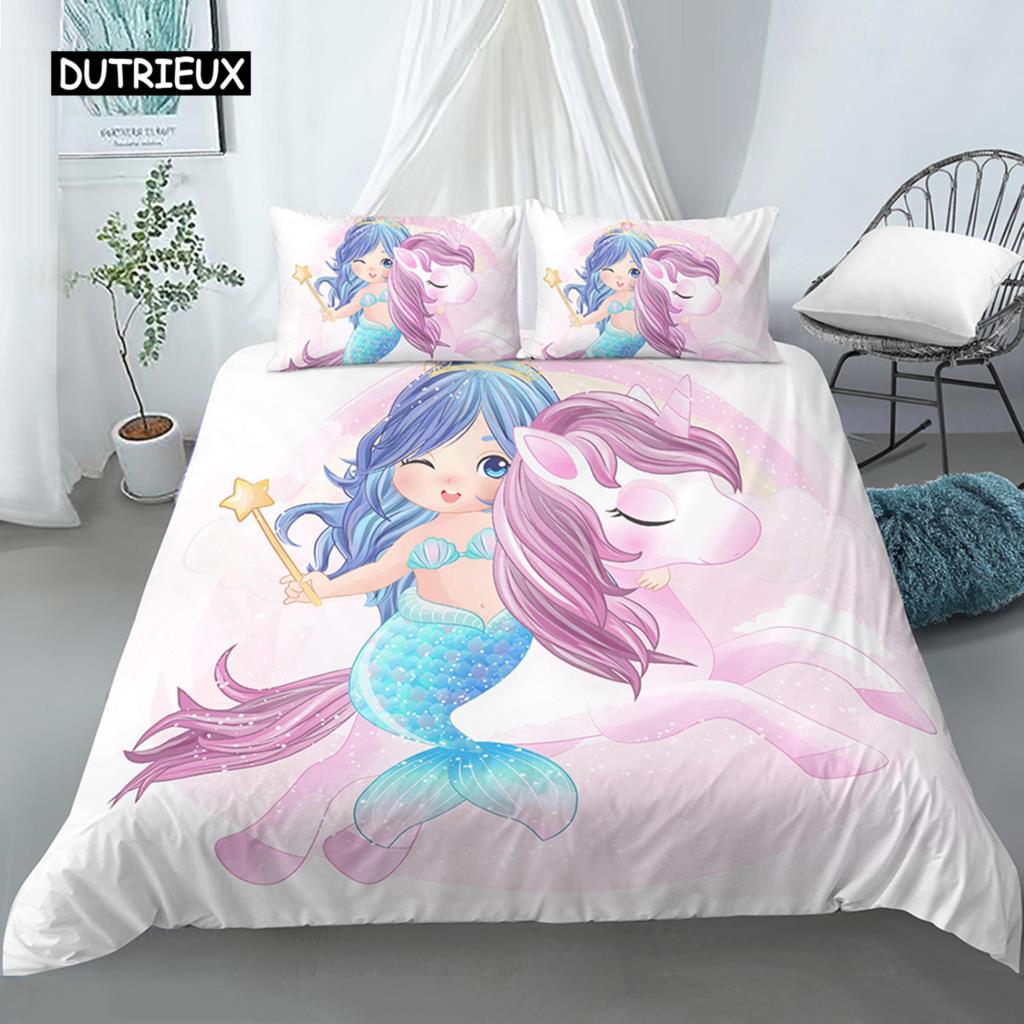 Beddengoed Set Ledikant Dekbedovertrek voor Baby Kinderen Blauw Cartoon Zeemeermin Edredones Niños Meisjes Prinses Polyester Dekbedovertrek