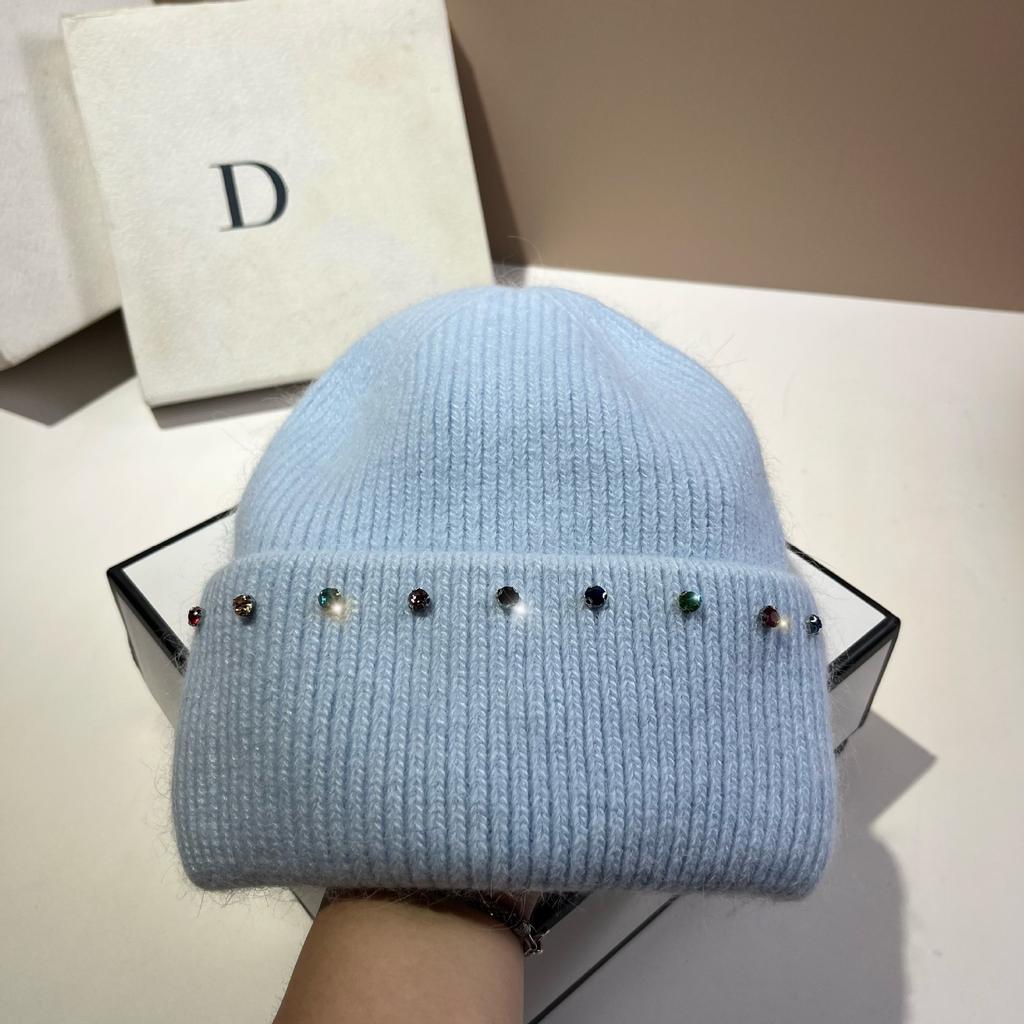 Russian Winter Warm Rabbit Hair Knitted Hat Celebrity Light Luxury Small Diamond Double Fold Wool Hat Women'S Outdoor Windproof