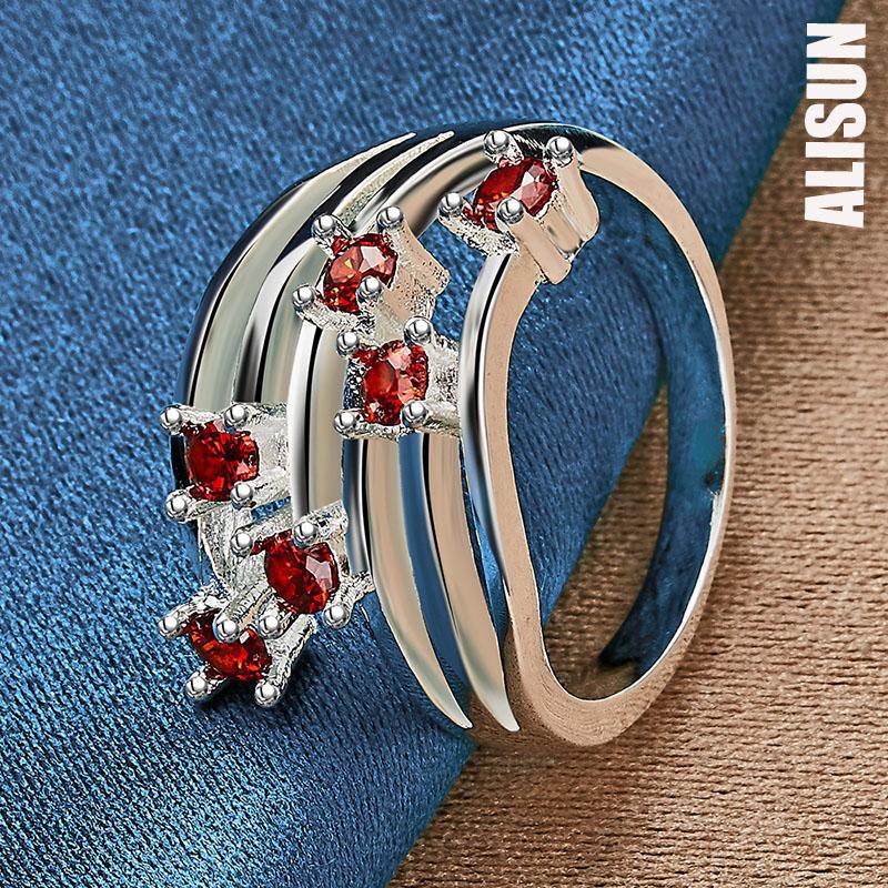 925 Sterling Silver Red AAA Zirkonový prsten Dárek Módní svatební šperky