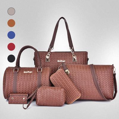 New Mother and Child Women's Bags Solid Color PU Six-piece Set Woven Large-capacity Simple Portable Shoulder Bag Crossbody Fashion
