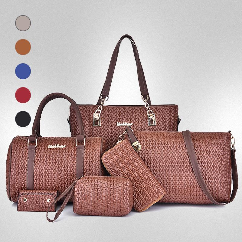 New Mother and Child Women's Bags Solid Color PU Six-piece Set Woven Large-capacity Simple Portable Shoulder Bag Crossbody Fashion