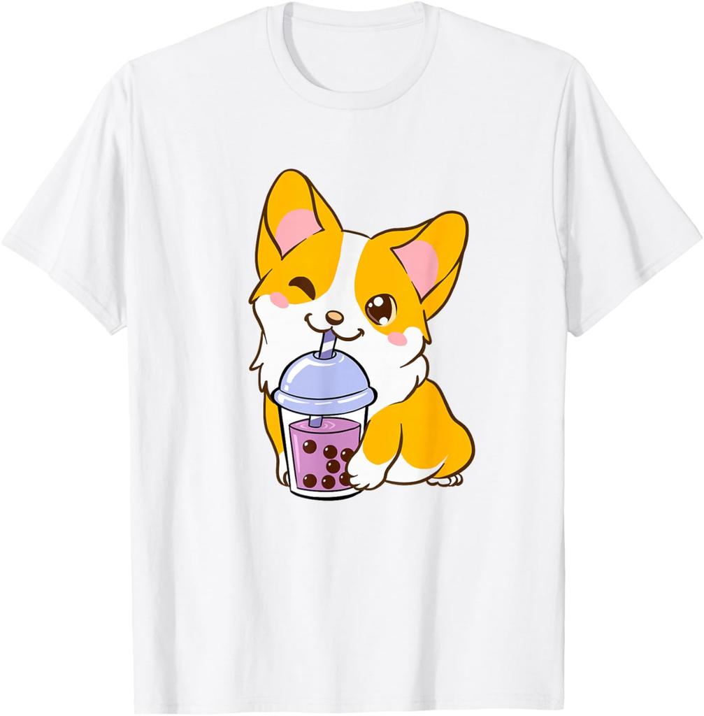 Kawaii Corgi Drinking Boba Tea Cute Dog Lover Graphic Tee Casual Short Sleeve T-Shirt
