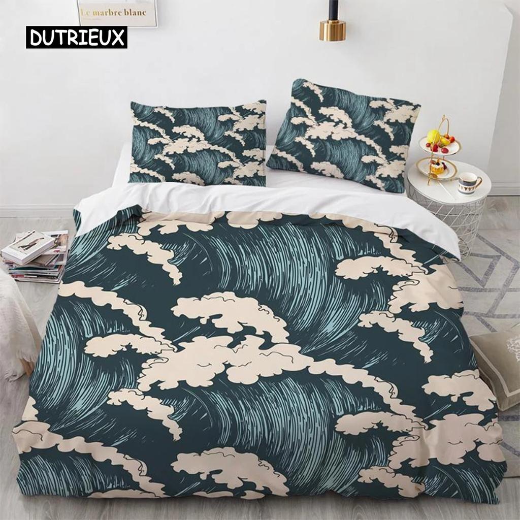 Wave Duvet Cover Set Hokusai Pattern Japanese Ukiyoe Quilt Cover Oriental Sketch Style Ocean Queen Twin Polyester Bedding Set