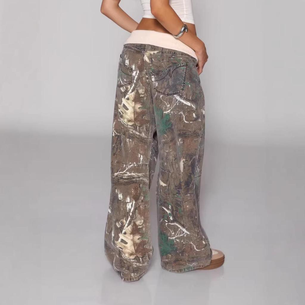 2026 Retro Street Style Washed Blue Denim Women's Pants with Unique Back-bend Design