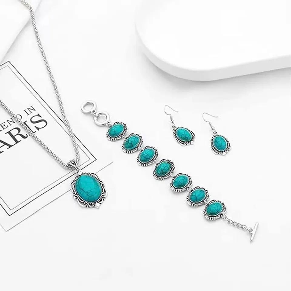 3 Pieces Women's Vintage Turquoise Bracelet Necklace Earrings Set, Healing Stone Decoration Gift (No Box)