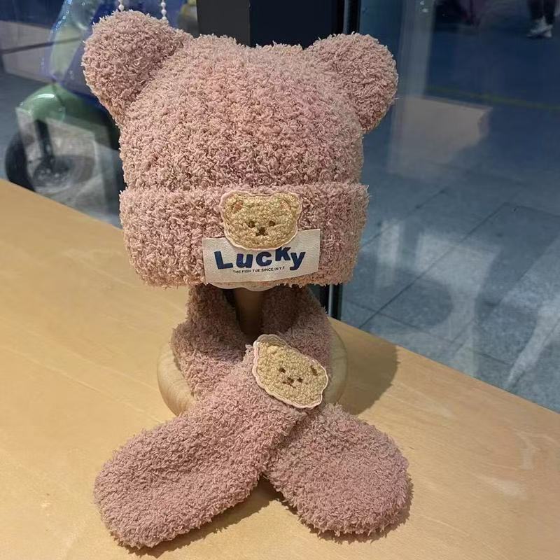 Baby Mütze Herbst und Winter Niedlicher Bär Baby Plüsch Ohrenmütze Schal Set Warm Jungen und Mädchen Pullover Mütze