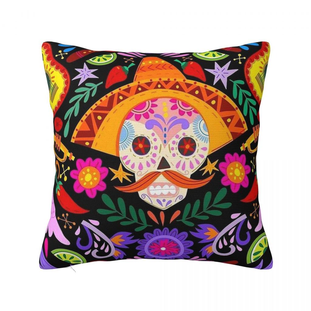 Day Of The Dead Cartoon Mexico Flower Skull Print Pillowcase Cushion Comfort Throw Pillow Sofa Cushions for Home Living Room