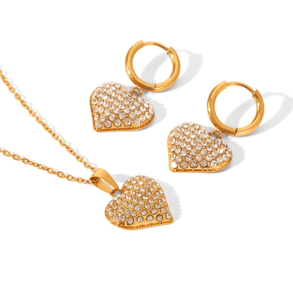 Heart-shaped Diamond-encrusted Earrings and Pendant Necklace, Light Luxury High-end Titanium Steel Jewelry