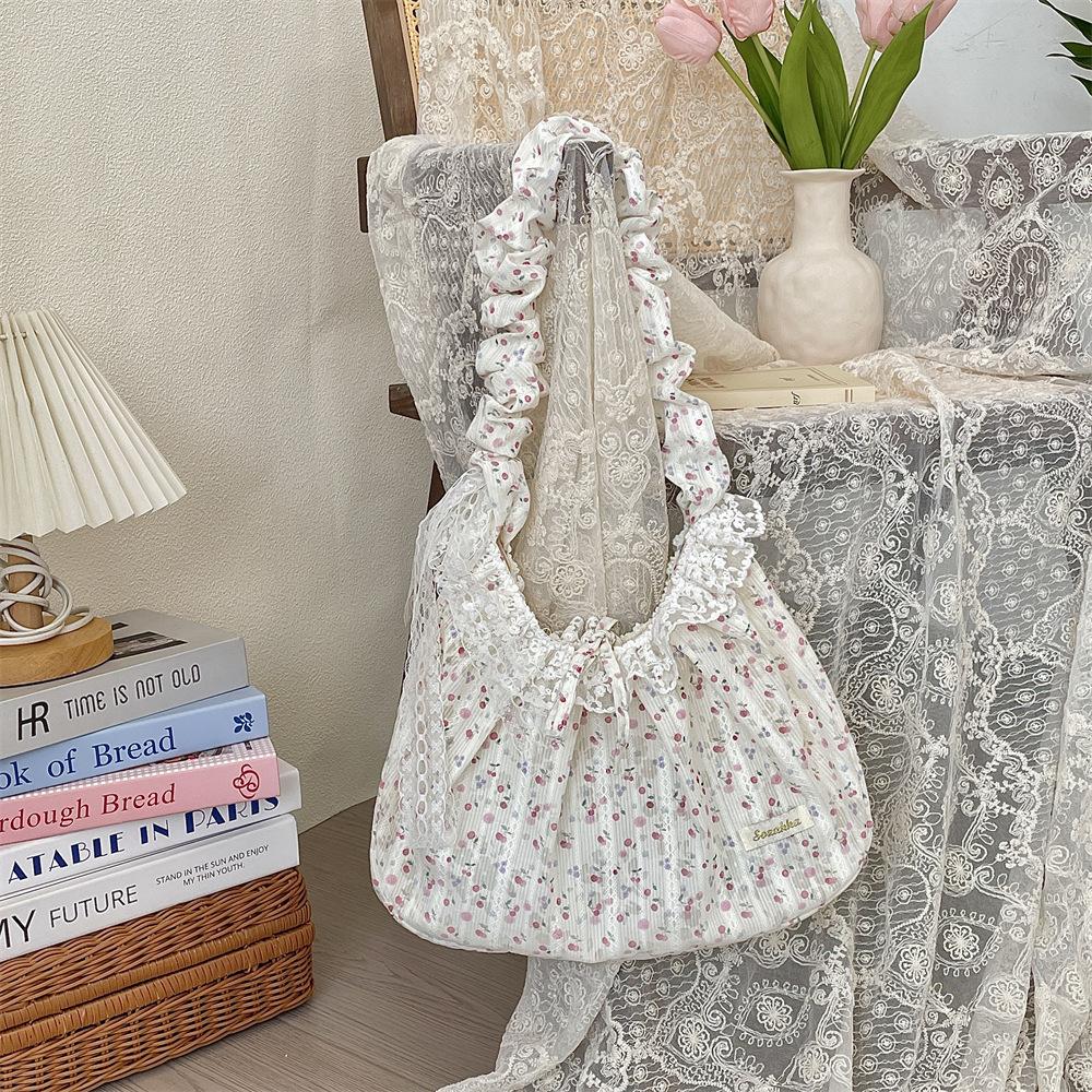 Elegant Sweet Fresh Lace Handbag Bowknot Underarm Bag Floral Pleated Shoulder Bag Pastoral Style Cloth Dumpling Bag Shopping