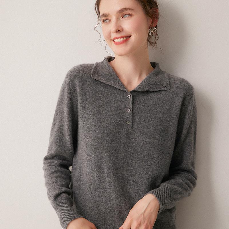 Women's 100% Cashmere High Neck Chunky Knit Sweater with Multi-Button Design - Solid Color for Autumn/Winter