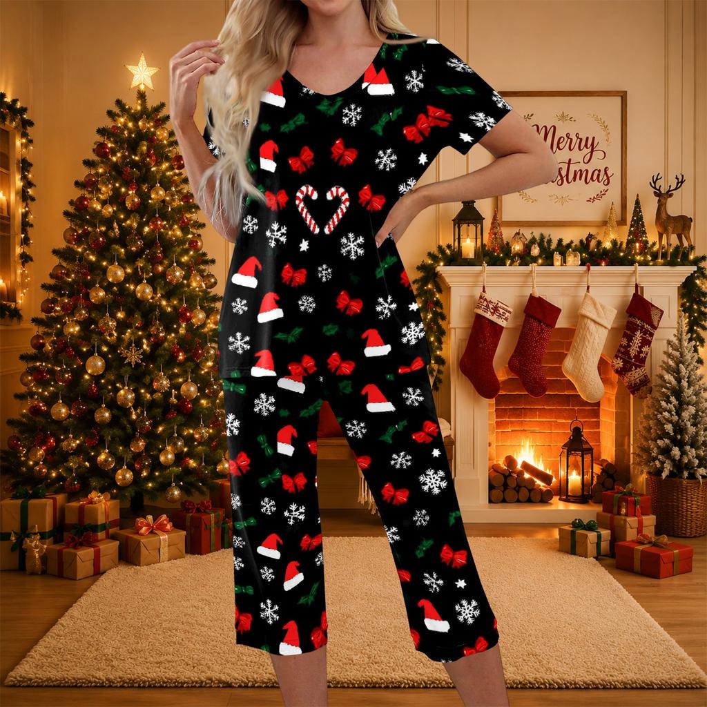 Women's Two-Piece Outfit Set with Christmas Print Short Sleeve Top and Pants