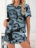 Women's Fashion Two-Piece Set - Stylish Graphic Print Short-Sleeve Round-Neck T-Shirt + Graphic Print Shorts Two-Piece Set