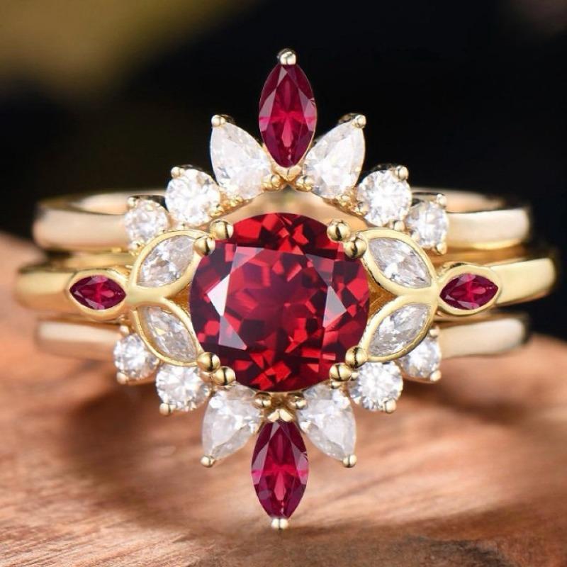 Hot-selling 18k Pigeon Blood Red Ring In Europe and America, Female, Sunflower-shaped 2-carat Red Mozzarella Ring