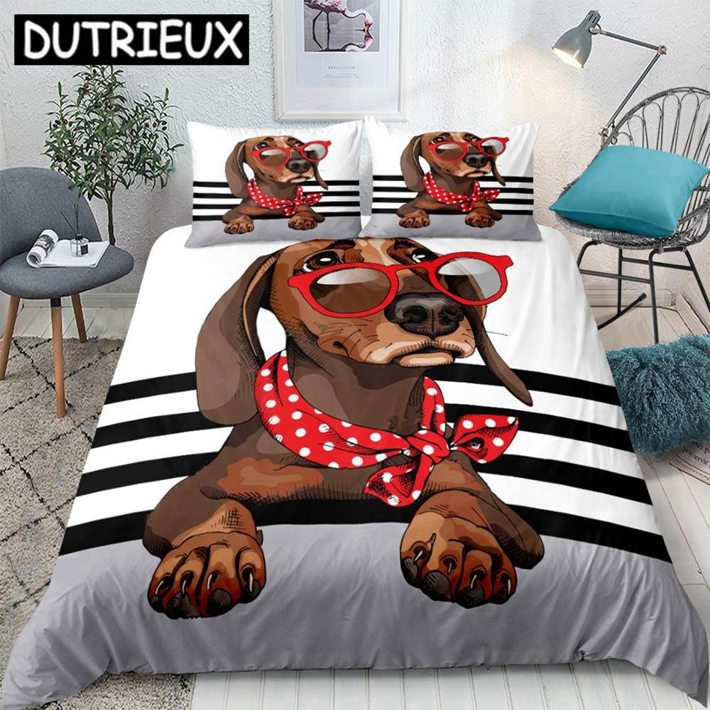 

Комплект постельного белья с изображением мультяшного питомца, таксы, сосиски, собаки, пододеяльник, милый детский пододеяльник для подростков, серо-коричневый покрывало для кровати, домашний текстиль для собак EU single(135x200cm)