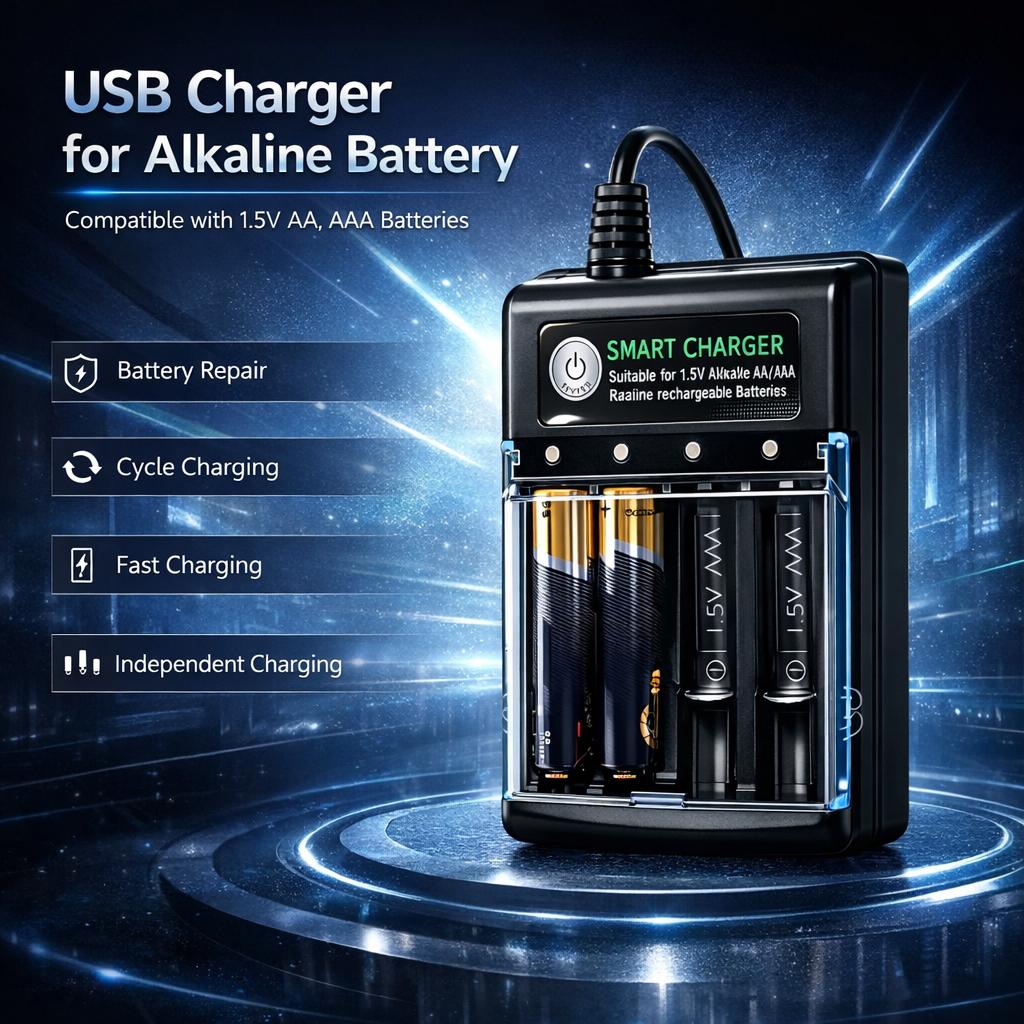 USB Smart 4 Slot Charger For 1.5V Rechargeable Alkaline AA AAA Batteries Only with LED Indicator